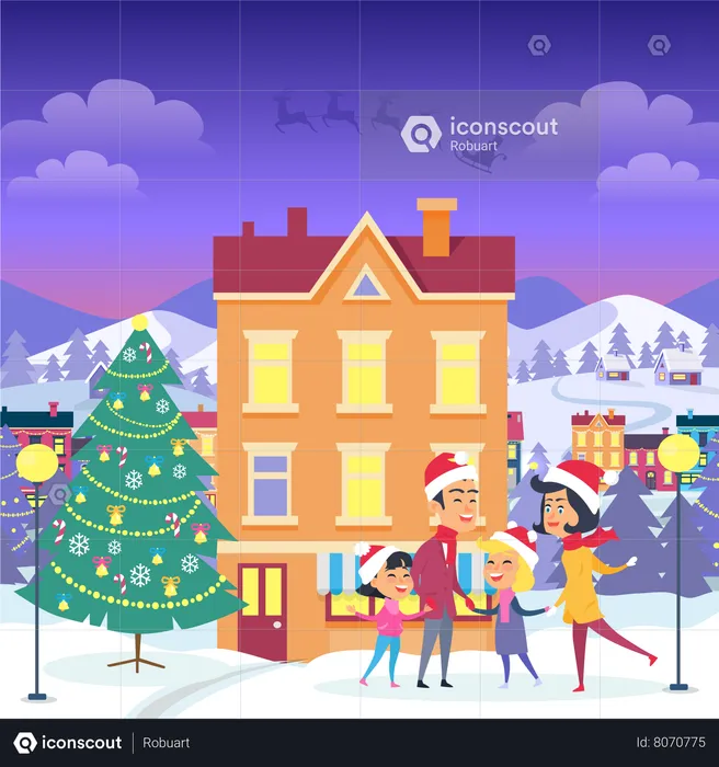 Happy Family near Urban House and Christmas Tree  Illustration