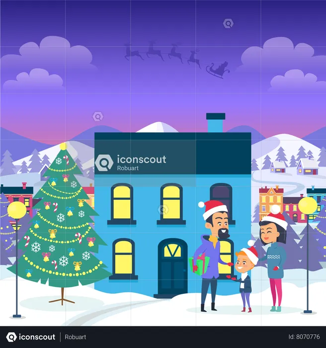Happy Family near Urban House and Christmas Tree  Illustration
