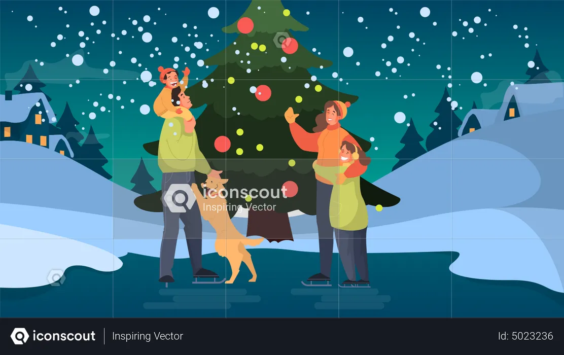 Happy family on the ice rink in Christmas night  Illustration