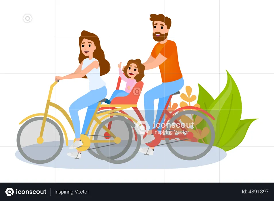 Happy family riding bike in city park  Illustration