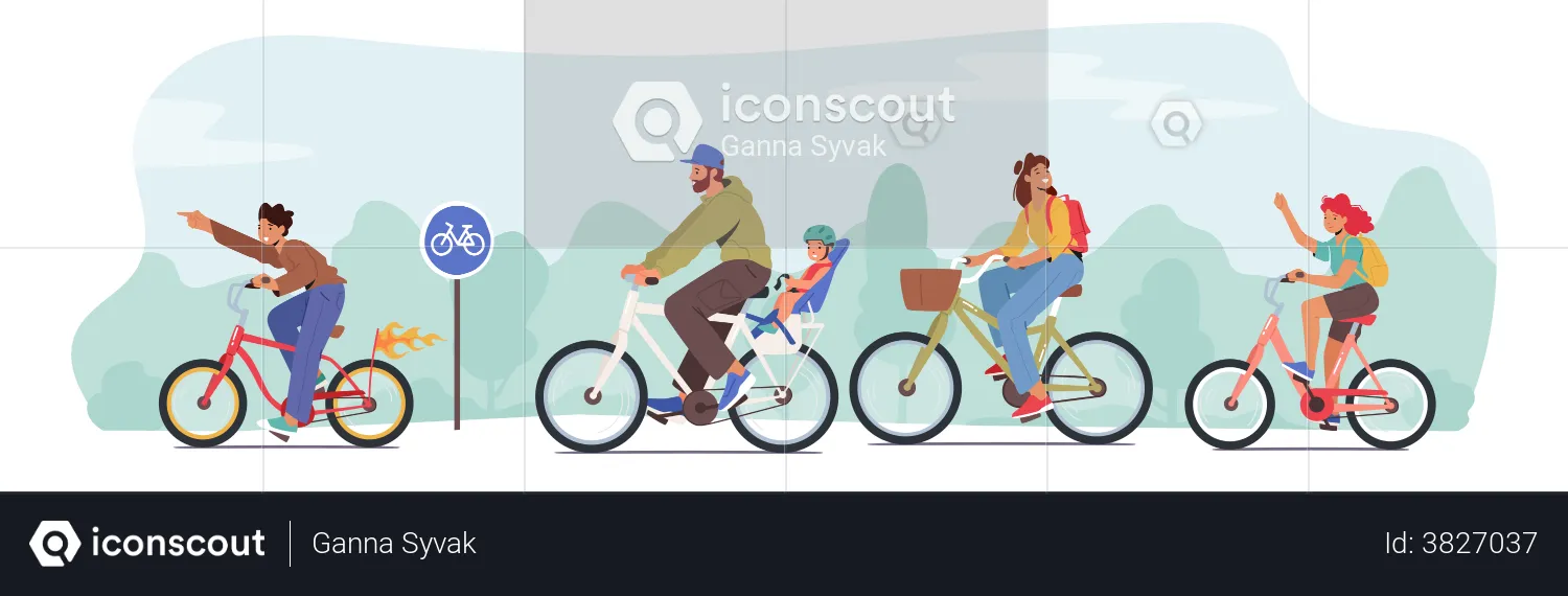 Happy Family Riding Bikes  Illustration