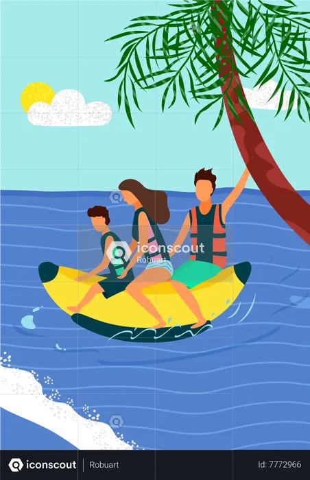 Happy Family Riding on Inflatable Banana on Sea  Illustration