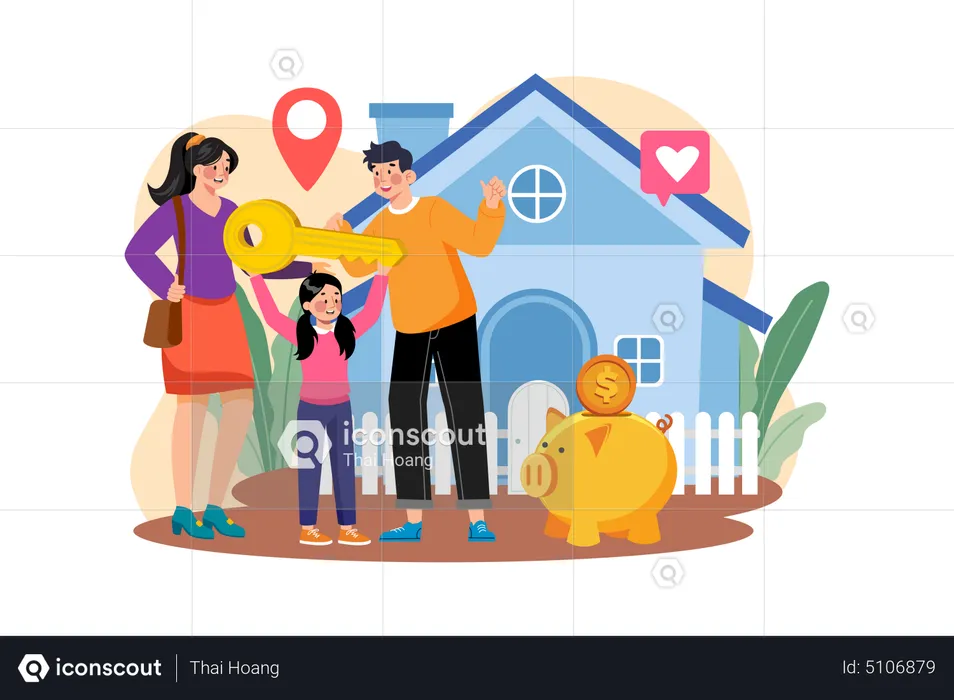 Happy family standing in front of a new house  Illustration