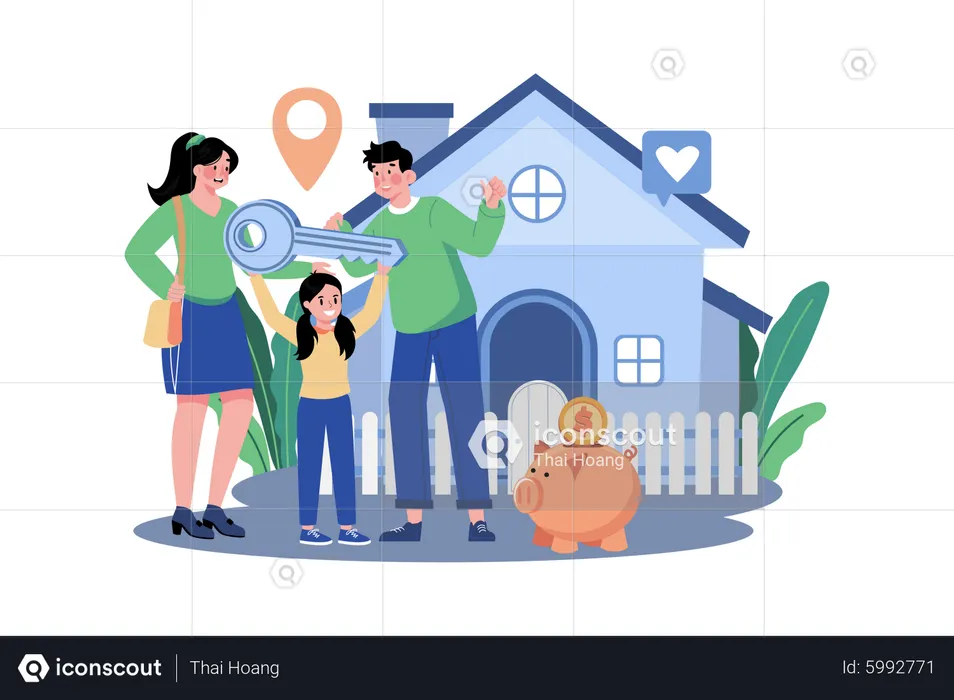 Happy family standing in front of a new house  Illustration