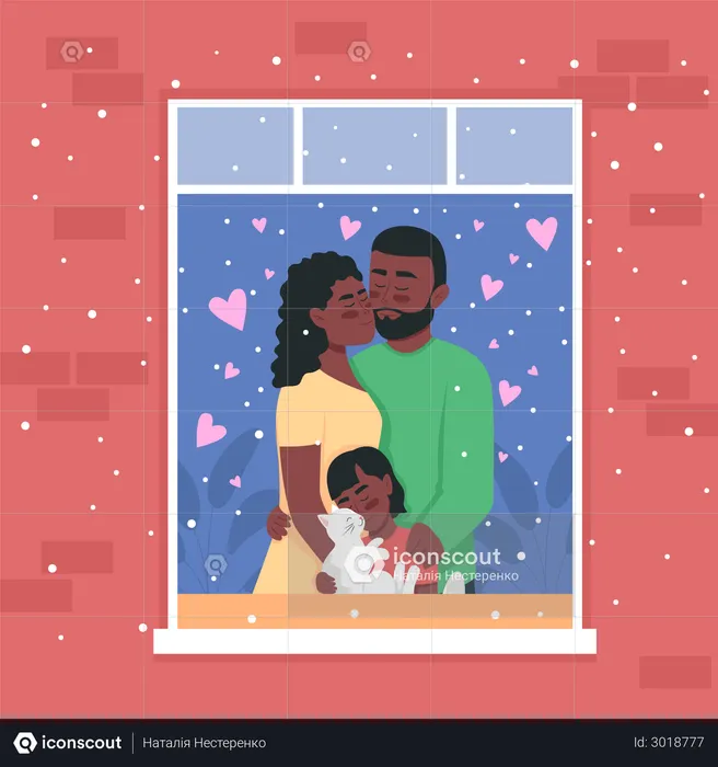 Happy family standing in home window  Illustration