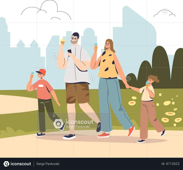 Happy family walking in park eating ice cream  Illustration