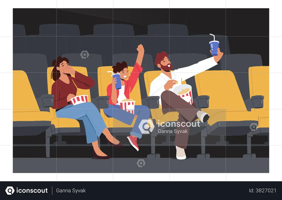 Happy Family Watching Movie At Cinema  Illustration