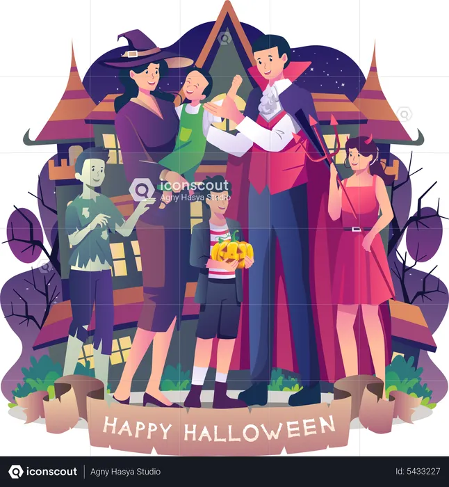 Happy Family wearing costumes celebrating Halloween night together  Illustration