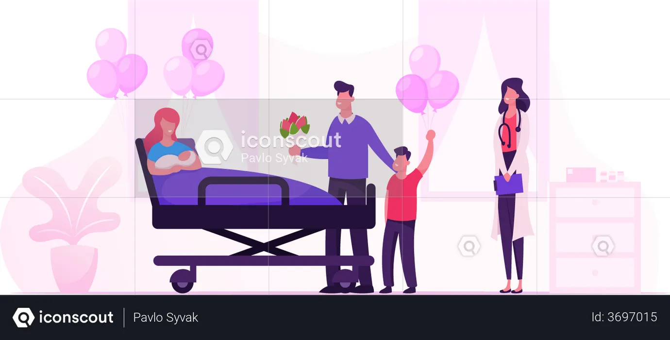 Happy Family with Newborn Baby in Chamber of Maternity Hospital  Illustration