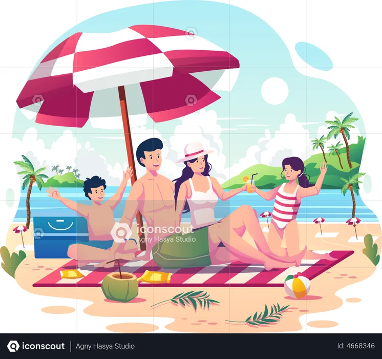 Happy family with two kids relaxing and enjoying summer on the beach  Illustration
