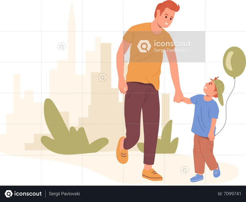 Happy father and son walking together in city park spending fun time together outside  Illustration