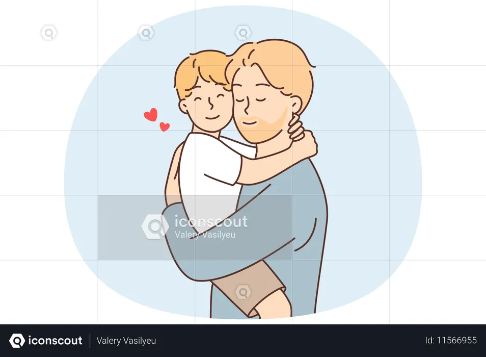 Happy father holds and hugs little son after long separation or returning from vacation  Illustration