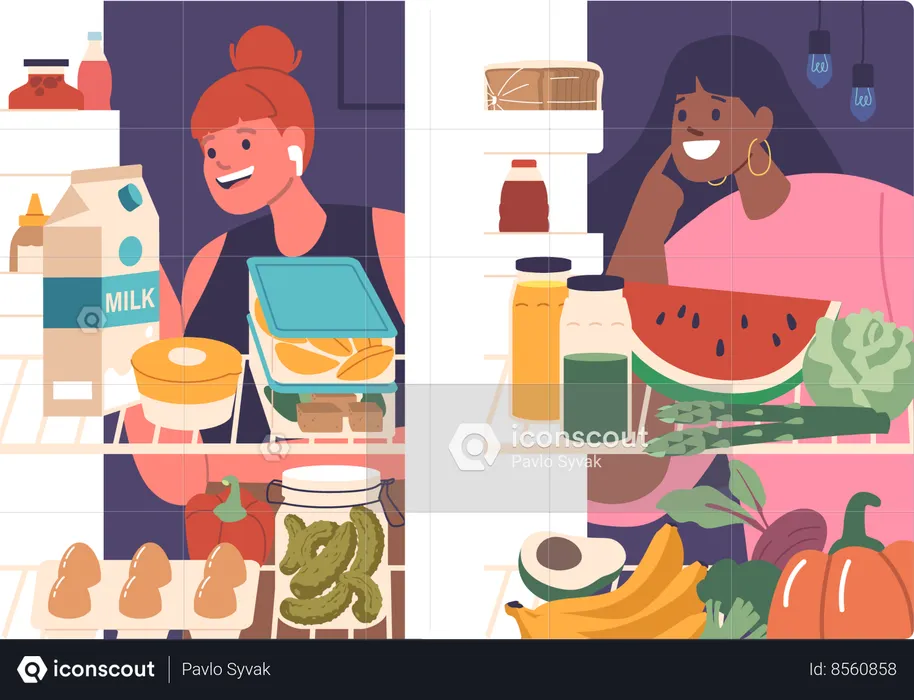 Happy Female Characters Looking Inside Fridge With Healthy Products  Illustration