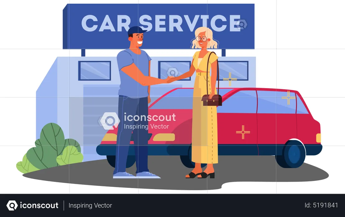 Happy female driver thanking car service worker  Illustration