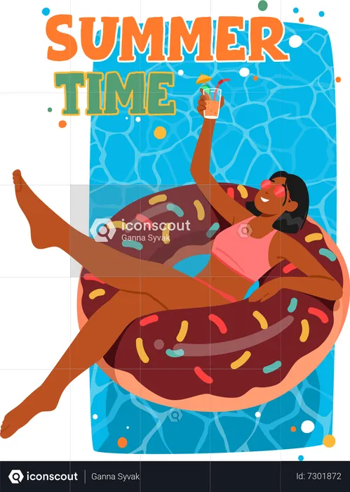 Happy Female Enjoying Cocktail On Swimming Ring  Illustration
