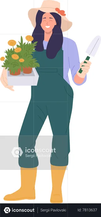 Happy female gardener cultivating flower in pot  Illustration