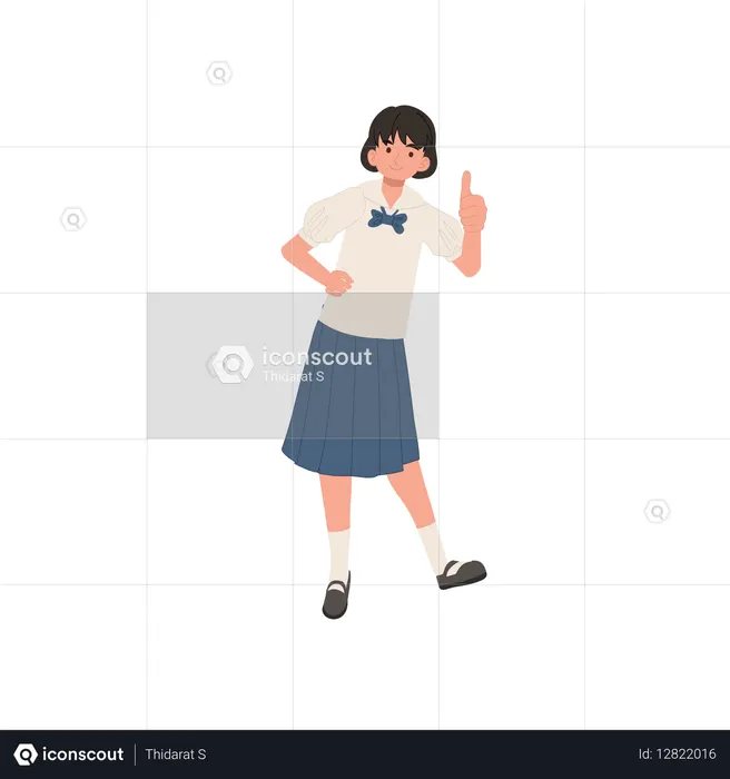 Happy female student character in school uniform showing thumbs up  Illustration