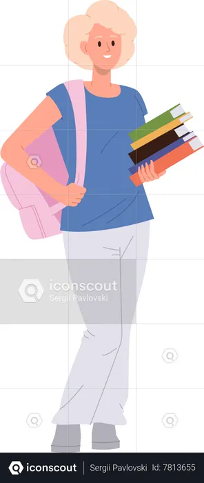 Happy female student standing with backpack holding stack of textbook  Illustration