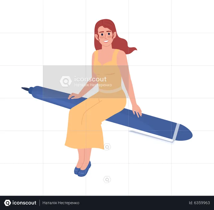 Happy female teacher flying on pen  Illustration
