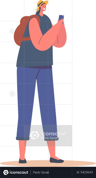 Happy Female With Backpack And Smartphone  Illustration
