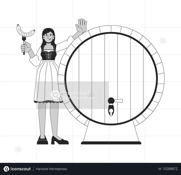 Happy female with grilled sausage near beer barrel  Illustration