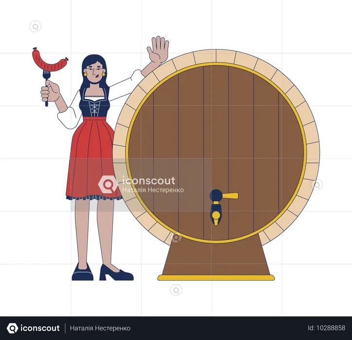 Happy female with grilled sausage near beer barrel  Illustration