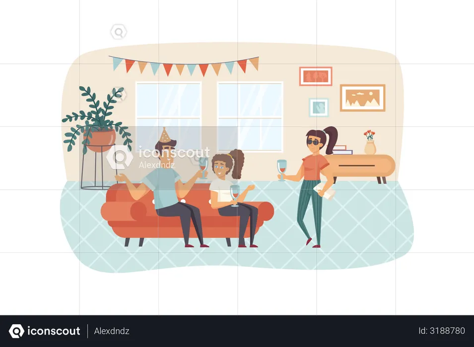 Happy friends having fun at home party  Illustration