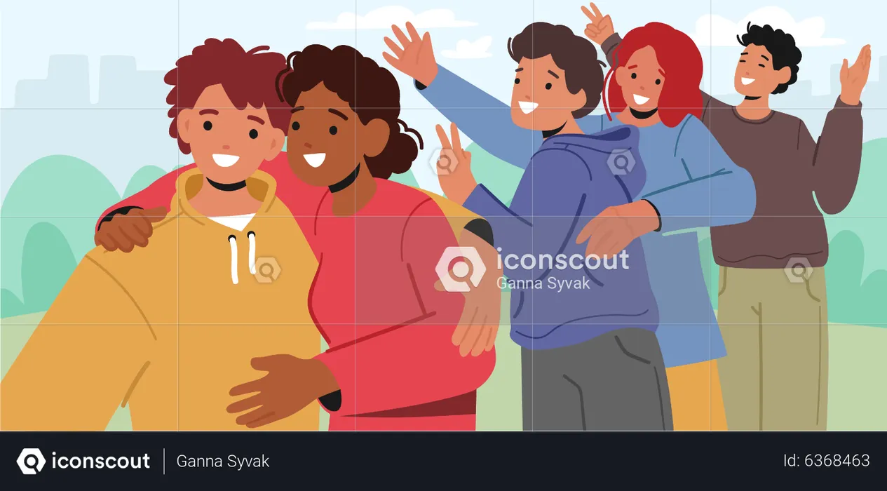 Happy friends in group photo  Illustration