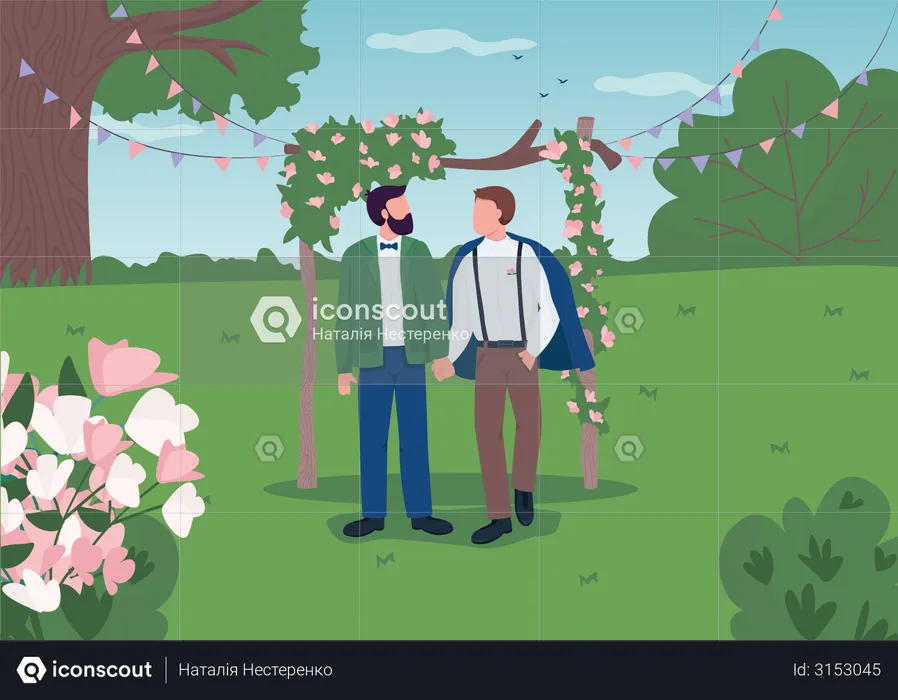 Happy gay couple on wedding day  Illustration