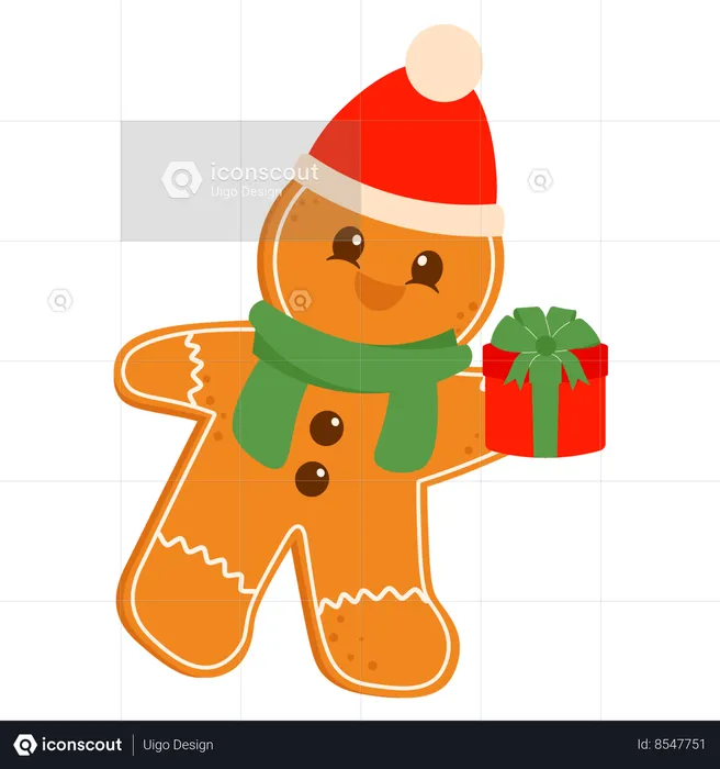 Happy Gingerbread Holding Gift Box  Illustration