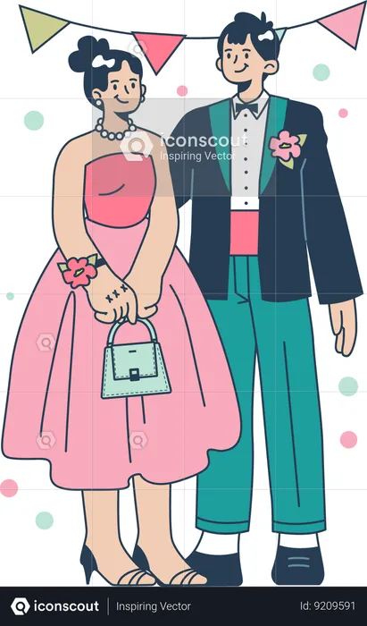 Happy girl and boy in formal clothes while going in graduation party  Illustration