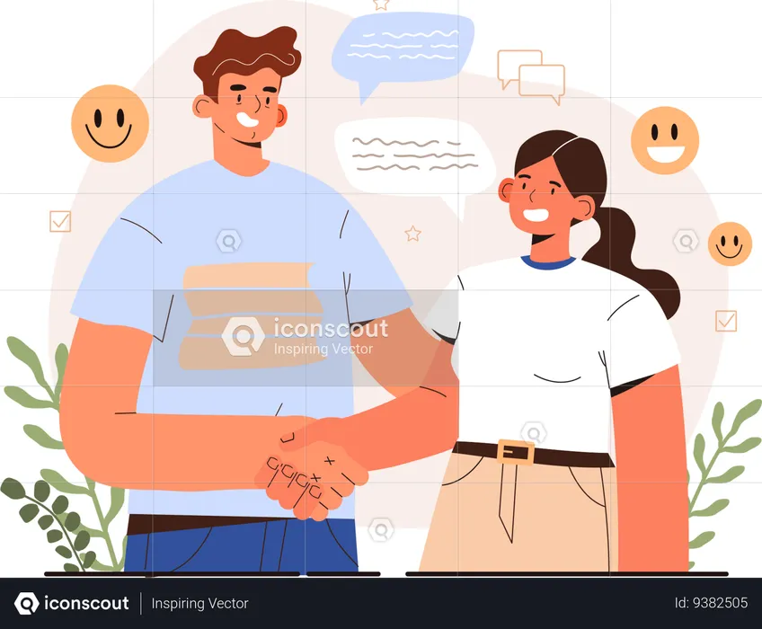 Happy girl and man doing shake hands  Illustration