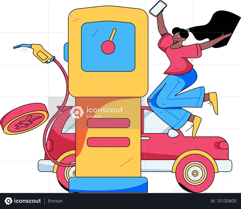 Happy girl at fuel station  Illustration