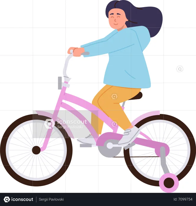 Happy girl child in casual clothes riding bicycle  Illustration