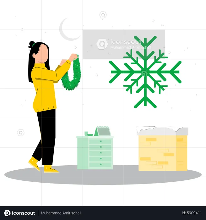 Happy girl doing christmas decoration  Illustration