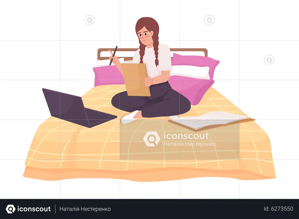 Happy girl doing home assignment with laptop in bed  Illustration