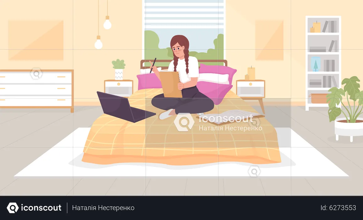 Happy girl doing home assignment with laptop in bed  Illustration