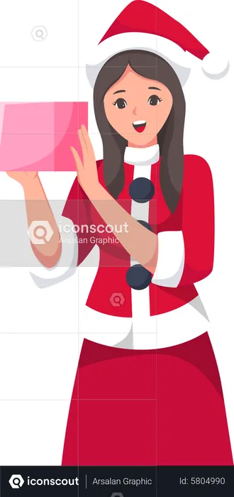 Happy girl holding christmas gift  Illustration