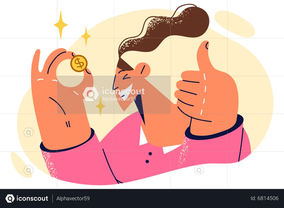 Happy girl holding dollar coin and showing thumb up  Illustration