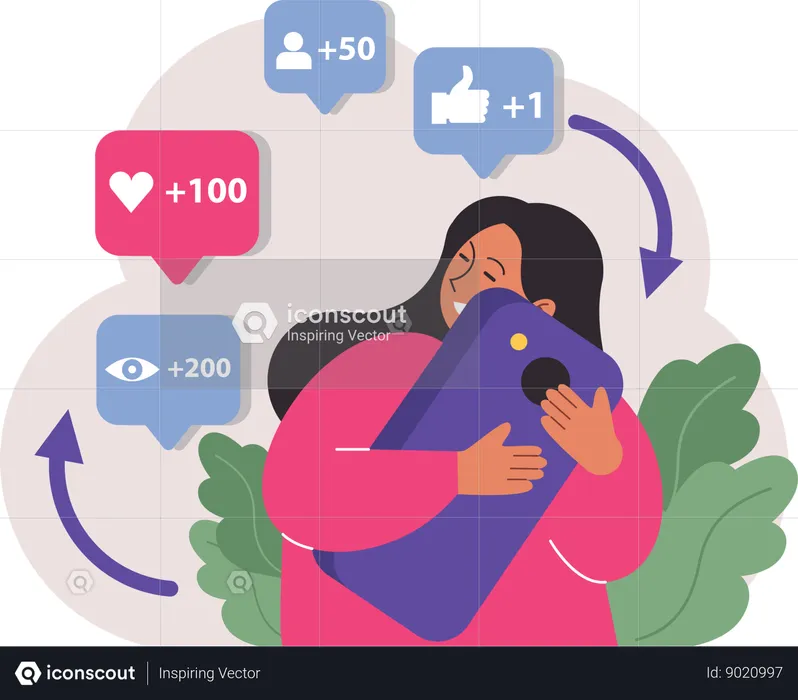 Happy girl hugging mobile for good response from social media  Illustration
