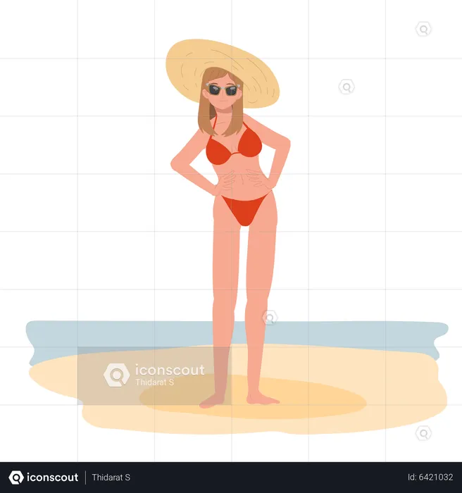 Happy girl in bikini and sunglasses on the beach  Illustration