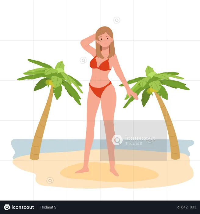 Happy girl in bikini on the beach  Illustration