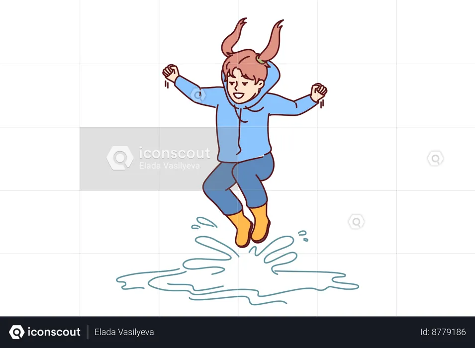 Happy girl is jumping in downpour  Illustration