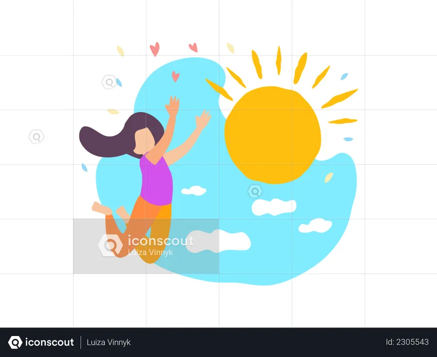 Happy Girl Jump with Sun Shine Blue Sky with Cloud  Illustration