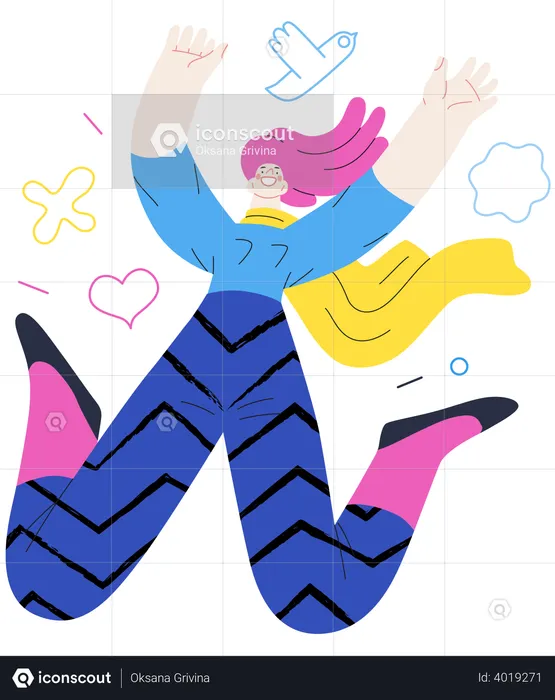 Happy girl jumping in the air cheerfully  Illustration