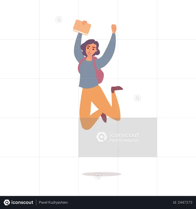 Happy girl jumping with bag  Illustration