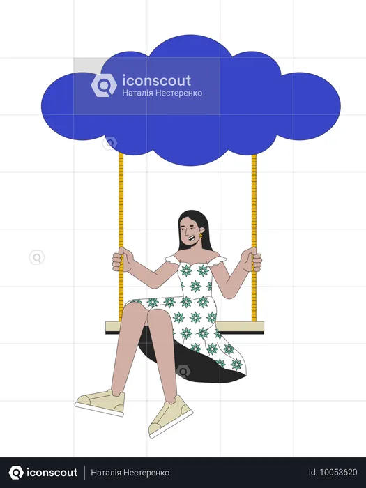 Happy girl on swing hanging from cloud  Illustration