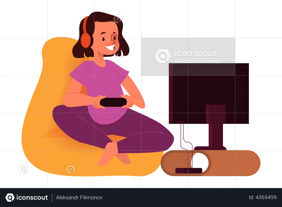 Happy girl on the couch with console controller  Illustration