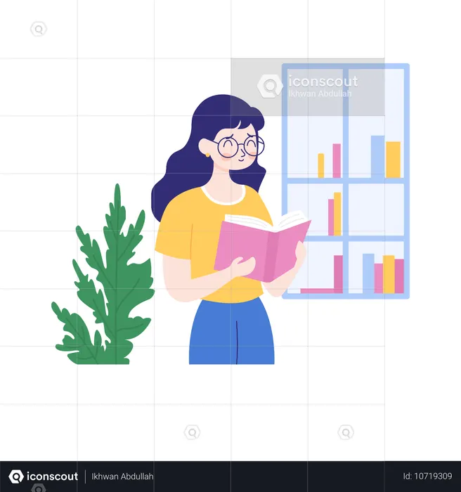 Happy Girl Reading a Book in the Library  Illustration