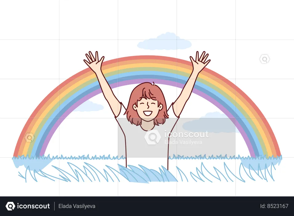 Happy girl rejoices at rainbow appeared in sky after rain  Illustration